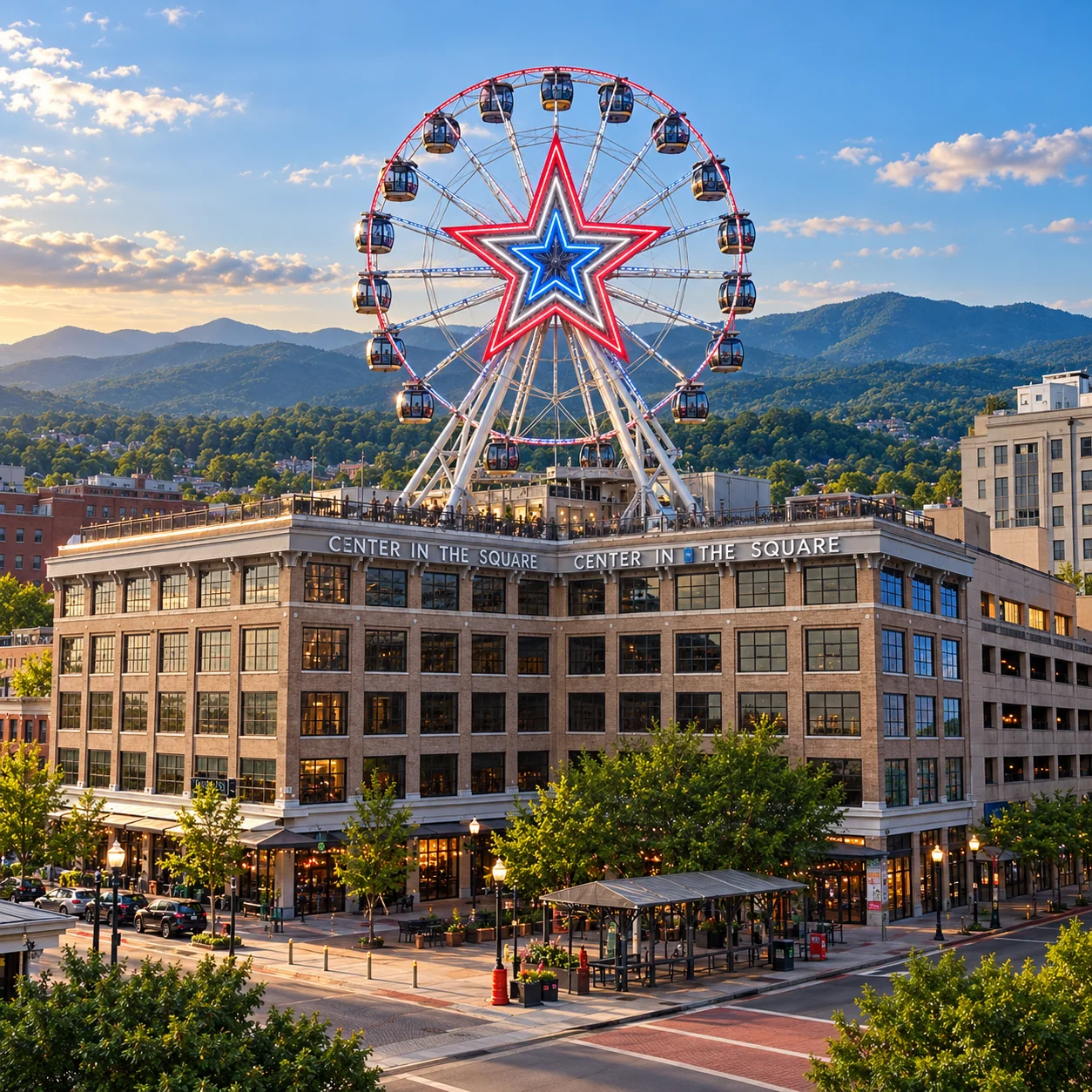 Concept image of a rooftop Ferris wheel on Center in the Square with a red, white, and blue star hub and mountains behind it.
